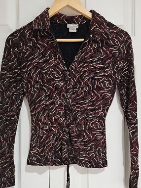 ✨ Rave Abstract Shimmer Tie-Front Top – Long Sleeve, Size S